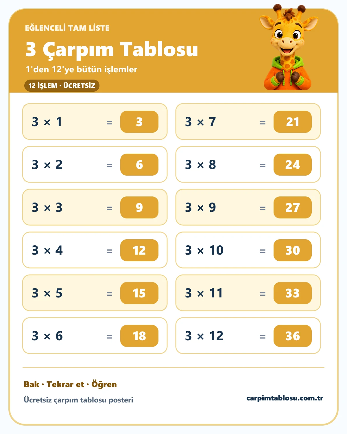 3 çarpım tablosunun 1'den 12'ye tam listesi ve sevimli zürafa karakteri